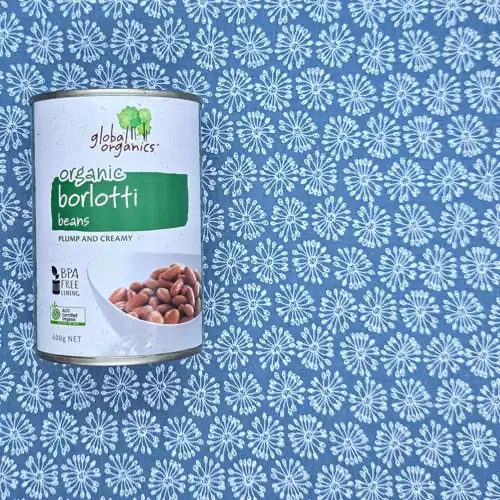  Global Organics Organic Borlotti Beans. Plump and creamy. ACO Certified organic. BPA free lining.