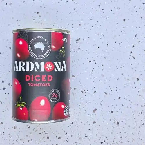  Ardmona Diced Tomatoes. 100% premium Australian tomatoes. Picked & packed in 24 hours. 5 health star rating. 100% tomatoes. Available from Woolworths and Coles. Sugars 2.9g per 100g. 6mg per 100g. 