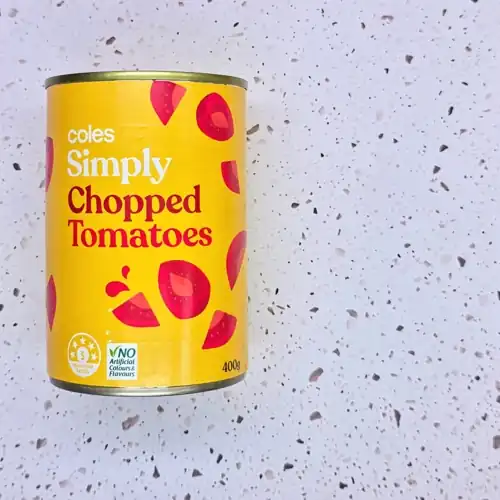  Coles Simply Chopped Tomatoes. 5 health star rating. No artifical colours & flavours. Product of Italy. Available from Coles. 60% tomato. Sugars 3.4g per 100g. Sodium 16mg per 100g. 