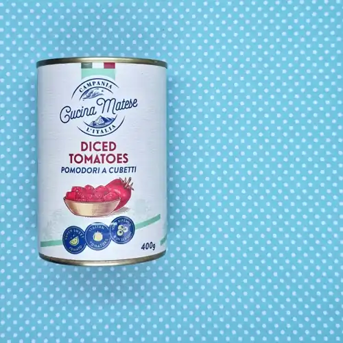  Cucina Matese Diced Tomatoes. Pomodori a cubetti. Super sweet tomatoes. Italian tomatoes. Vine ripened & in season. Product of Campania Italy. 5 health star rating. Available from Coles. 65% tomatoes. Sugars 2.2g per 100g. Sodium 10mg per 100g. 