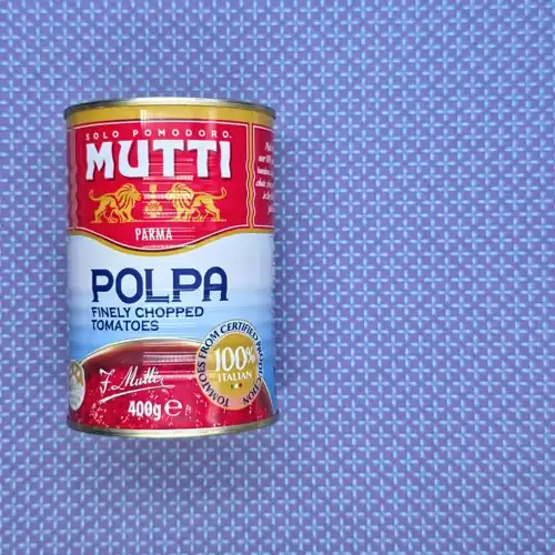  Mutti Polpa Finely Chopped Tomatoes. 4.5 Health star rating.  100% Italian tomatoes. Made in Parma Italy. 99.8% tomatoes. Available at Woolworths, Coles, Farmer Jack's and IGA. Sugars 2.8g per 100g. Sodium 120mg per 100g. 