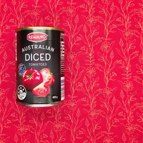  Remano Australian Diced Tomatoes. 4.5 Health star rating.  Australian grown tomatoes. Available from Aldi. 60% tomatoes. Sugars 3.4g per 100g. Sodium 21mg per 100g. 