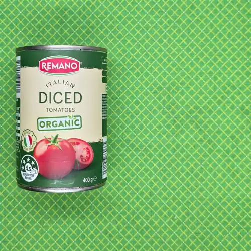  Remano Organic Italian Diced Tomatoes. 4.5 health star rating. Made with Italian tomatoes. Made in Italy. Available from Aldi. 60% organic tomatoes. Sugars 3.9g per 100g. Sodium 20mg per 100g. 