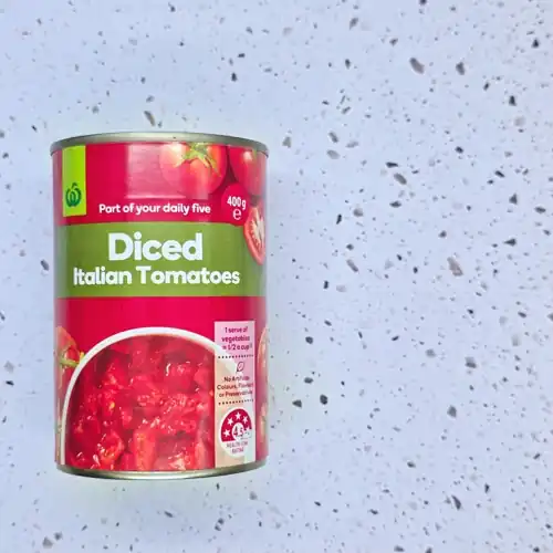  Woolworths Diced Italian Tomatoes. 4.5 Health star rating. Part of your daily five. 60% tomatoes. Made in Italy. Available from Woolworths. Sugars 2.6g per 100g. Sodium 10mg per 100g. 